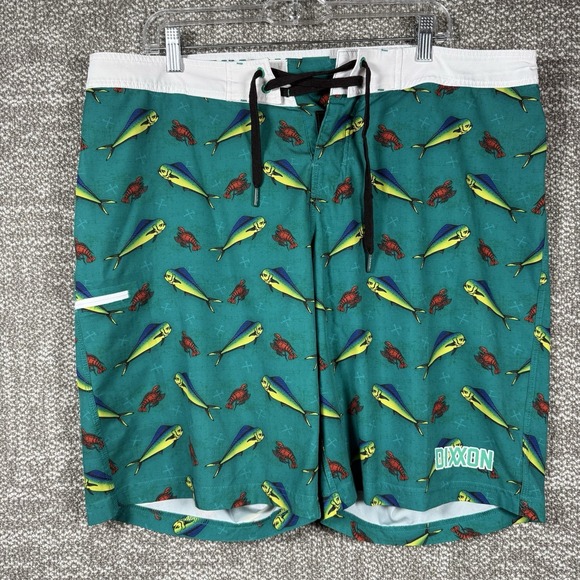 DIXXON Flannel Co. Board Shorts "Free The Mahi‎ Mahi" Mens 38 Green Swim Trunks - Picture 1 of 7